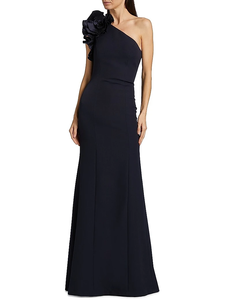Embellished Crepe One-Shoulder Column Gown