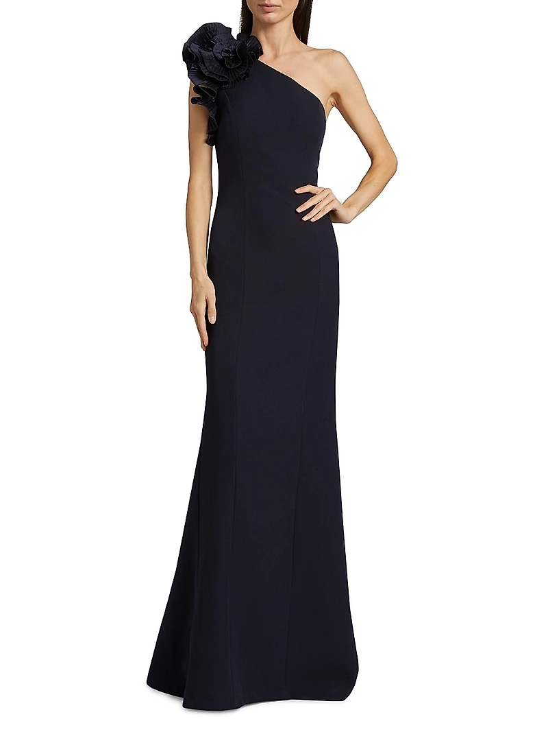 Embellished Crepe One-Shoulder Column Gown