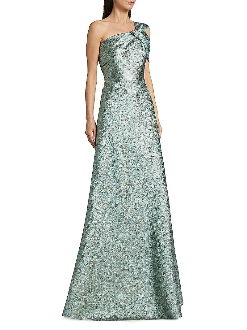 Metallic Jacquard One-Shoulder Gown