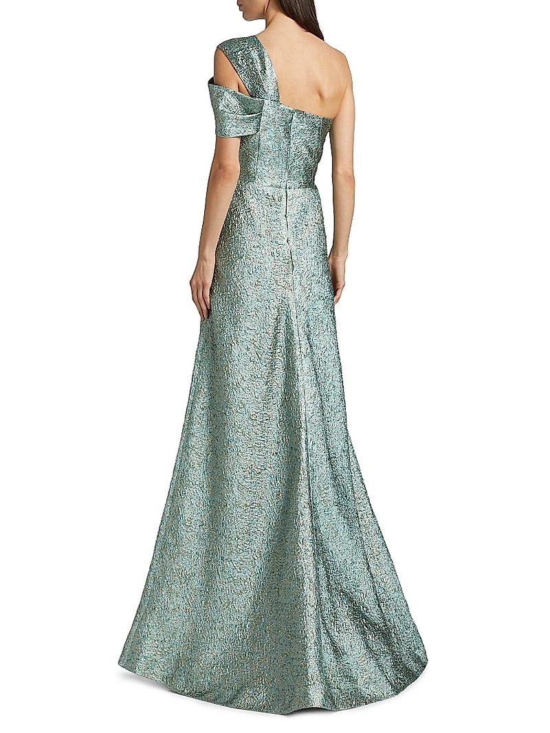 Metallic Jacquard One-Shoulder Gown