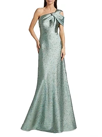 Metallic Jacquard One-Shoulder Gown
