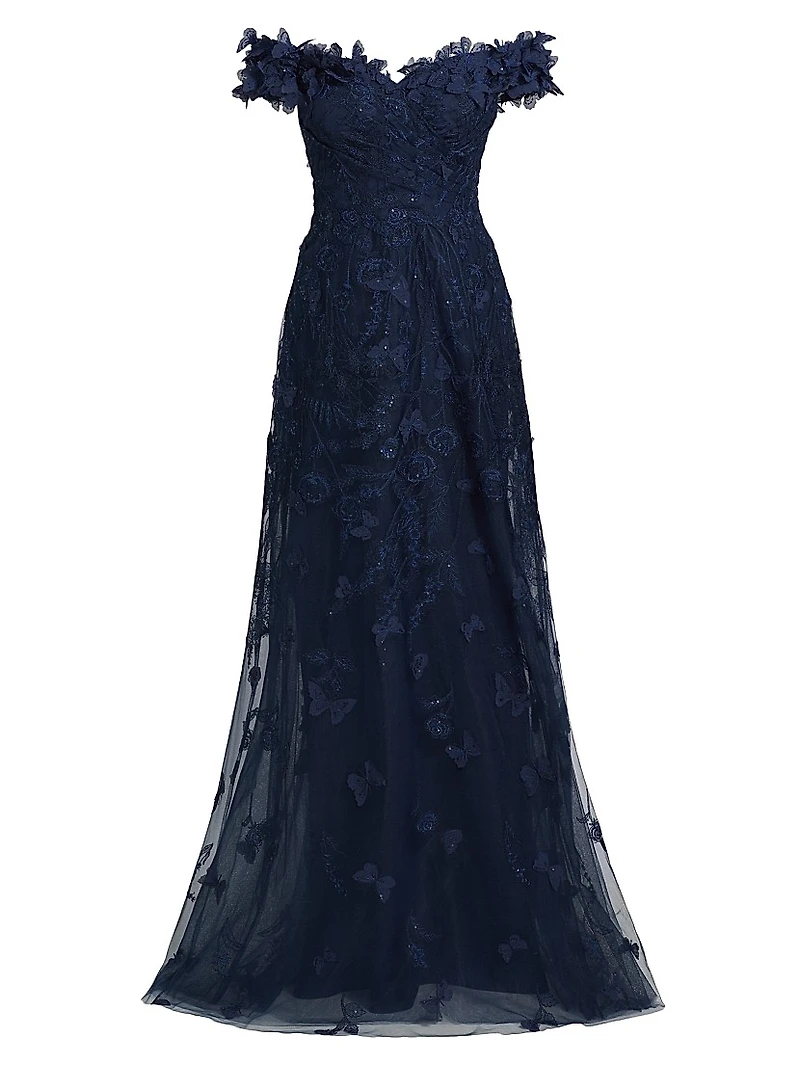 Butterfly Appliqué Lace-Tulle Off-The-Shoulder Gown