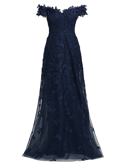 Butterfly Appliqué Lace-Tulle Off-The-Shoulder Gown