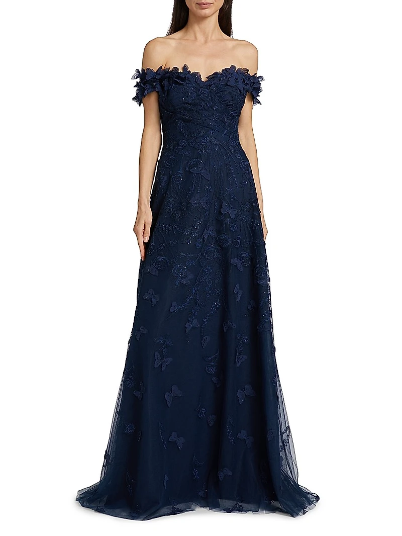 Butterfly Appliqué Lace-Tulle Off-The-Shoulder Gown
