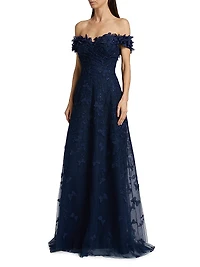 Butterfly Appliqué Lace-Tulle Off-The-Shoulder Gown