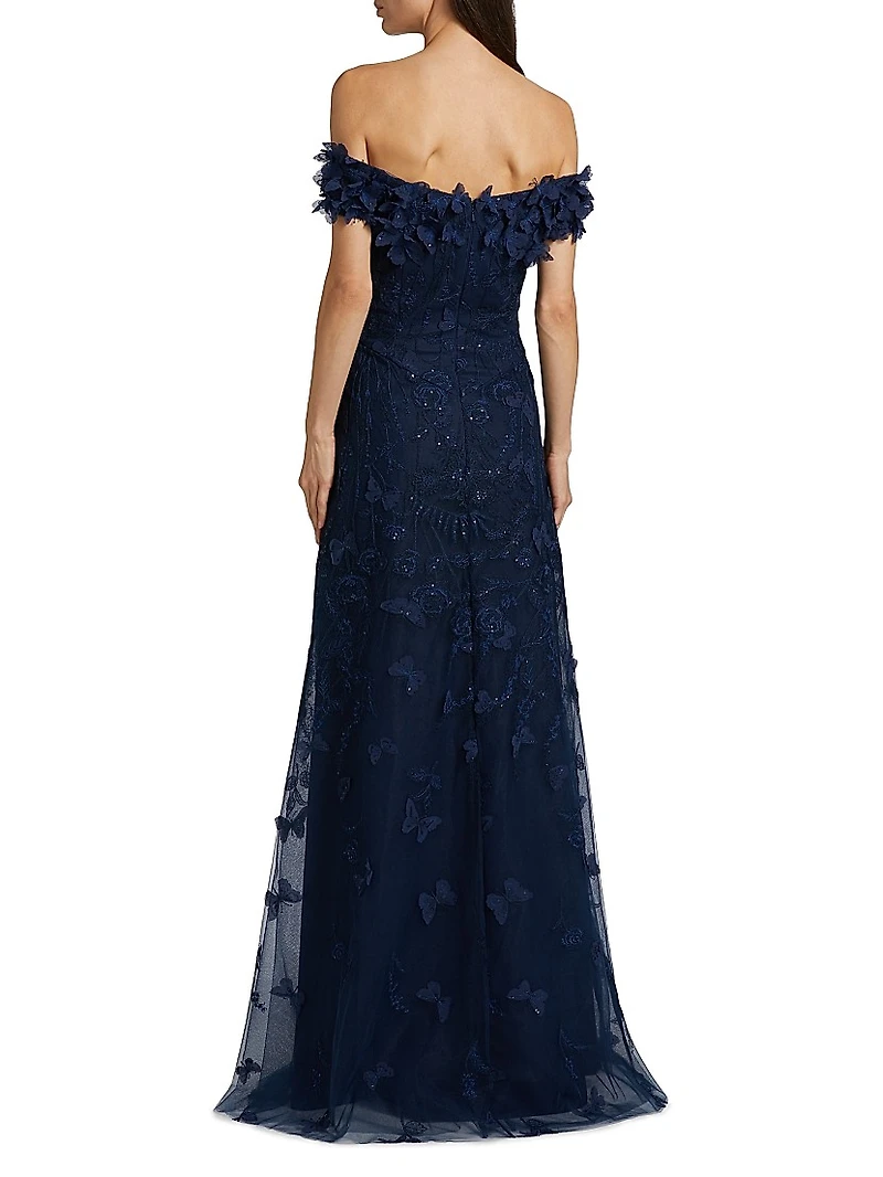Butterfly Appliqué Lace-Tulle Off-The-Shoulder Gown
