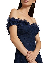 Butterfly Appliqué Lace-Tulle Off-The-Shoulder Gown