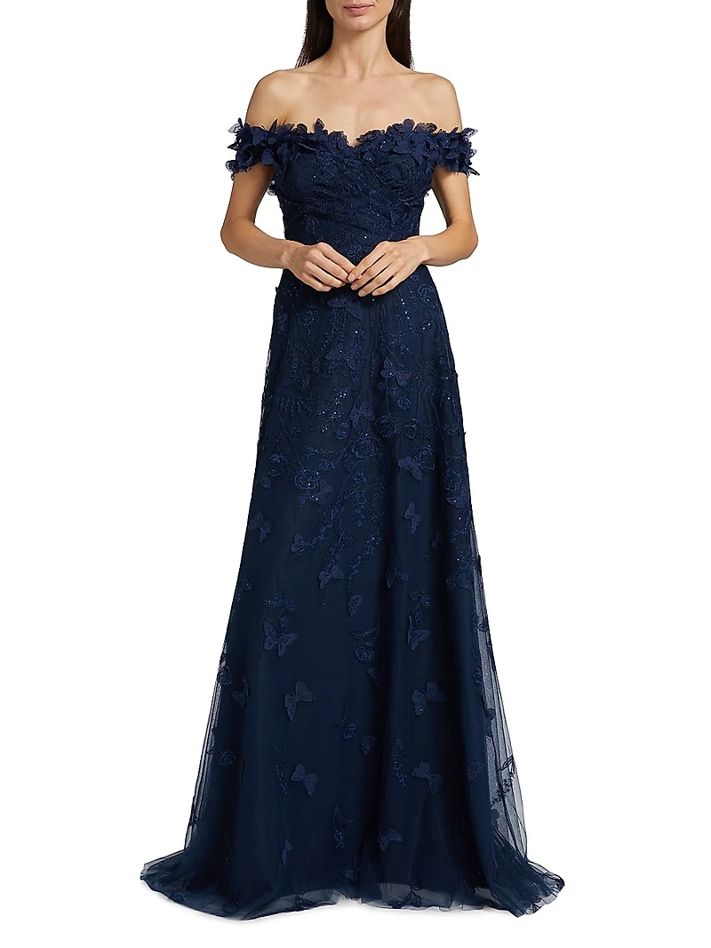 Butterfly Appliqué Lace-Tulle Off-The-Shoulder Gown