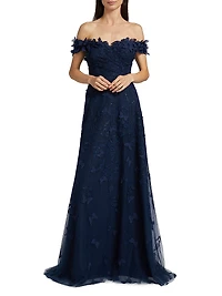 Butterfly Appliqué Lace-Tulle Off-The-Shoulder Gown
