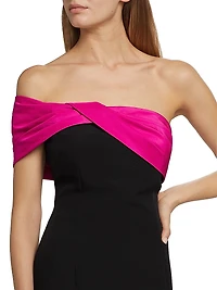 Asymmetric Taffeta Off-The-Shoulder Midi-Dress