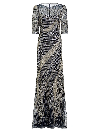 Embellished Tulle Boatneck Gown