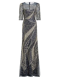 Embellished Tulle Boatneck Gown