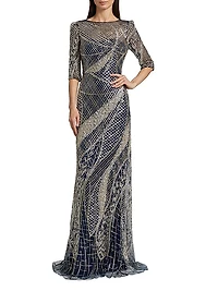 Embellished Tulle Boatneck Gown