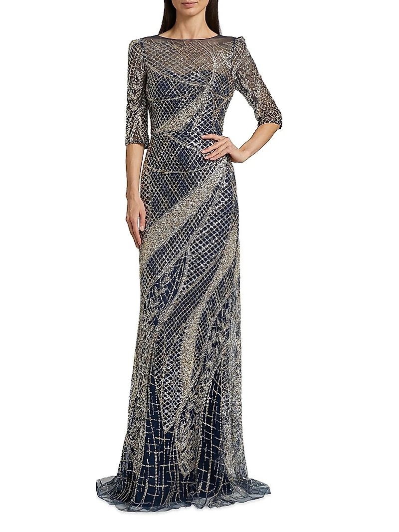 Embellished Tulle Boatneck Gown
