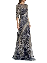 Embellished Tulle Boatneck Gown