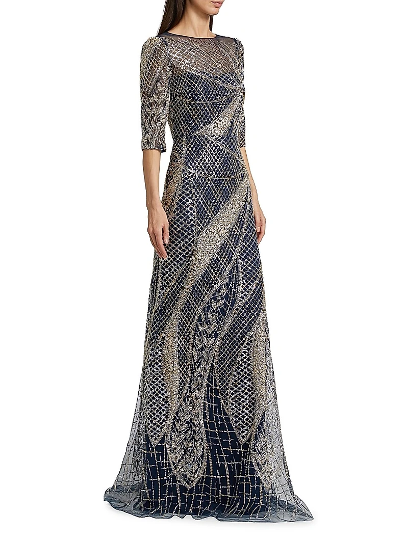 Embellished Tulle Boatneck Gown