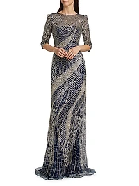 Embellished Tulle Boatneck Gown