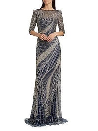 Embellished Tulle Boatneck Gown