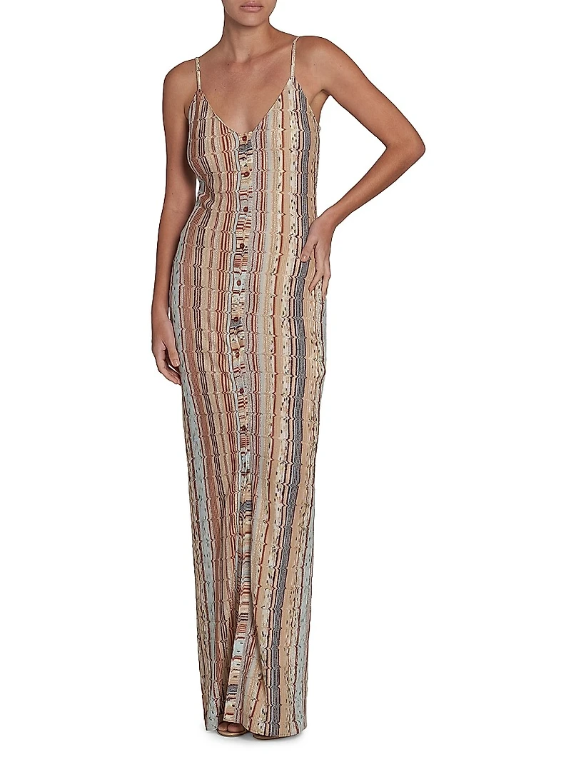 Metallic Knit Button-Front Maxi Dress