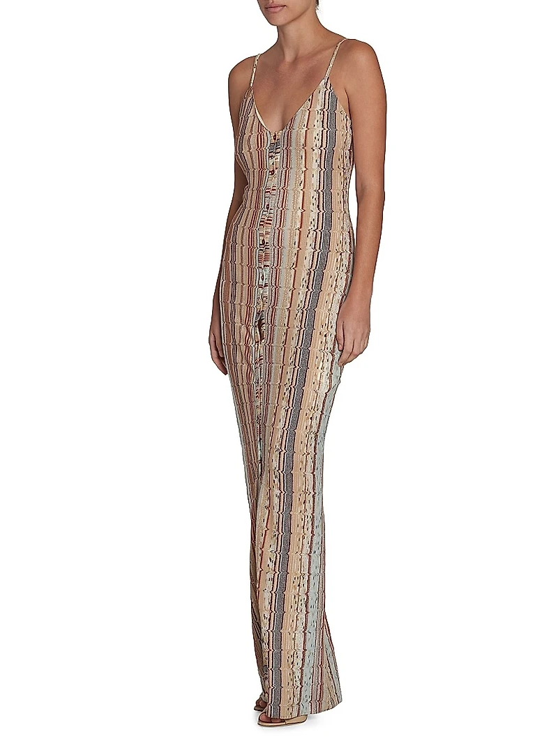 Metallic Knit Button-Front Maxi Dress