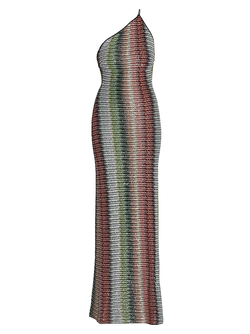 Zigzag Embellished Knit One-Shoulder Maxi Dress