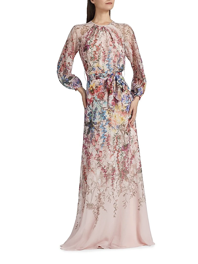 Chiffon Floral Tie-Waist Gown