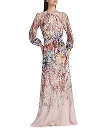 Chiffon Floral Tie-Waist Gown