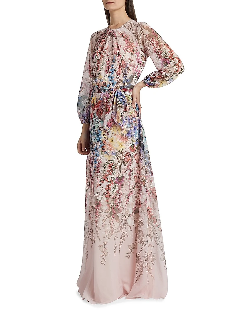 Chiffon Floral Tie-Waist Gown