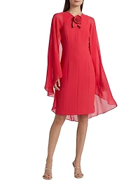 Chiffon Cape-Sleeve Cocktail Midi-Dress