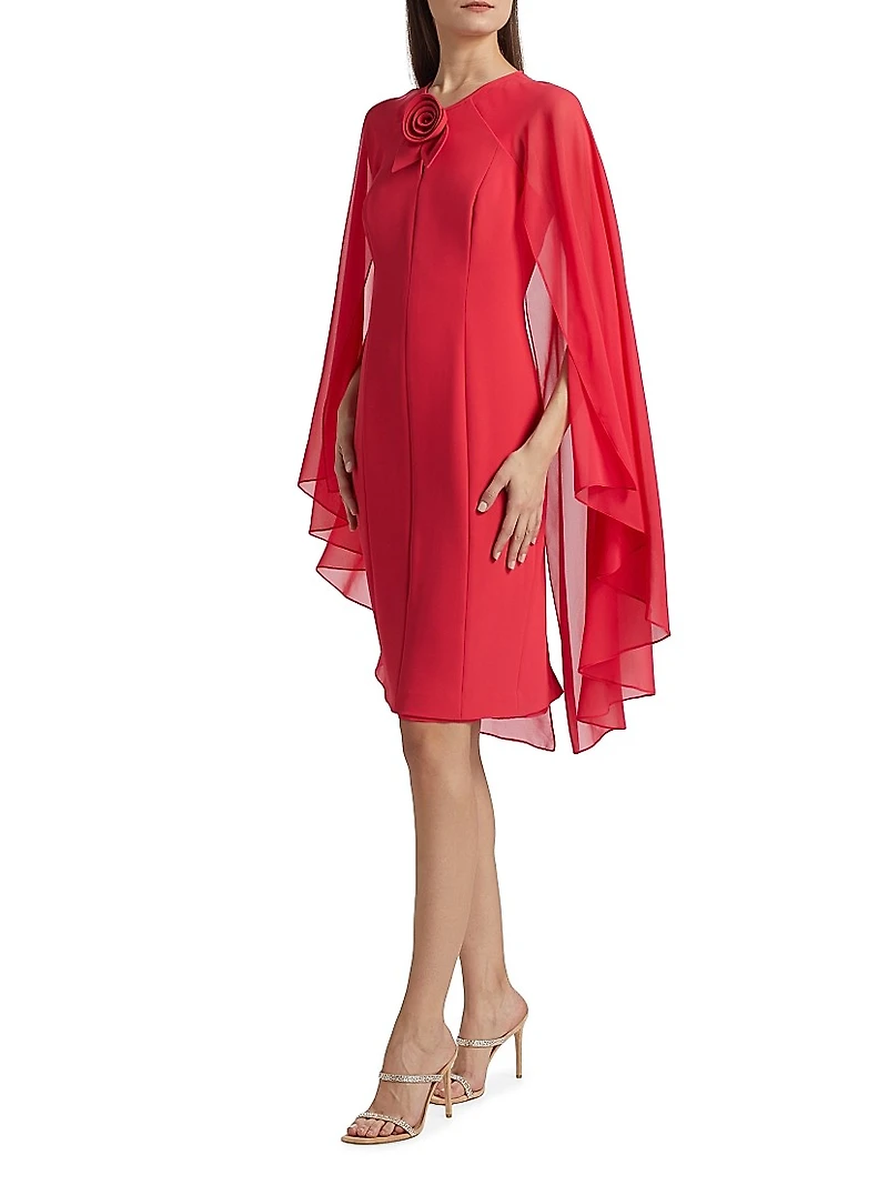Chiffon Cape-Sleeve Cocktail Midi-Dress