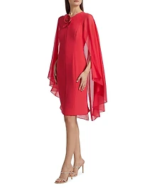 Chiffon Cape-Sleeve Cocktail Midi-Dress