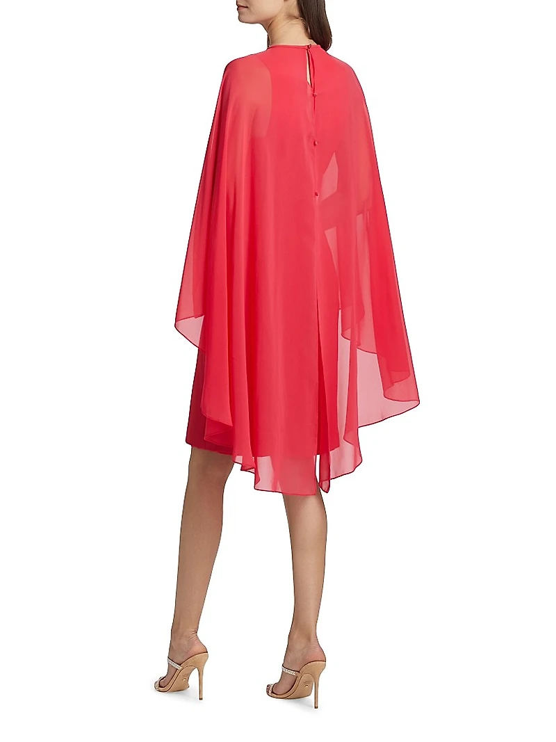 Chiffon Cape-Sleeve Cocktail Midi-Dress