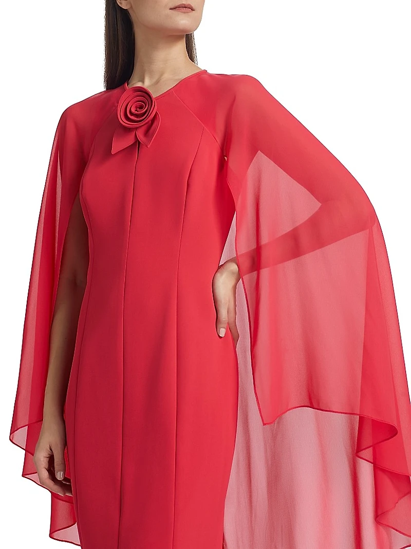 Chiffon Cape-Sleeve Cocktail Midi-Dress