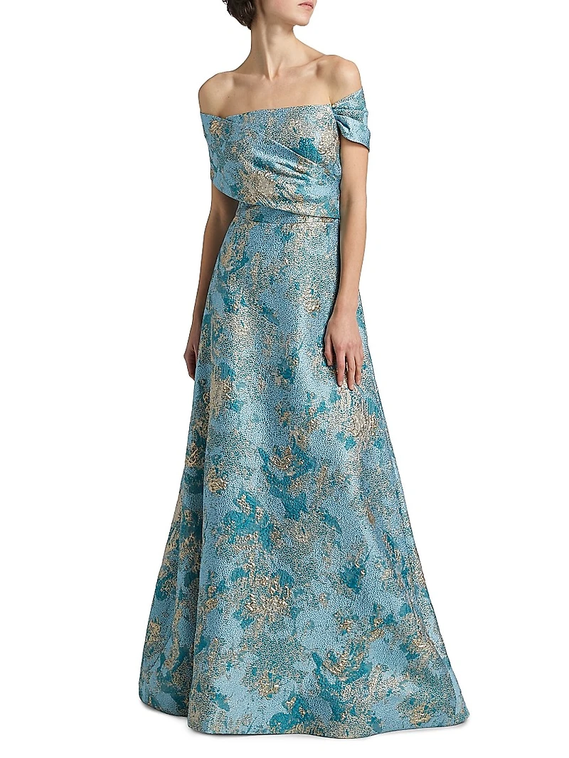 Metallic Jacquard Off-The-Shoulder Gown