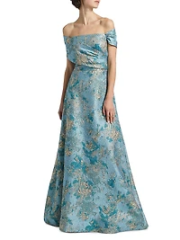 Metallic Jacquard Off-The-Shoulder Gown