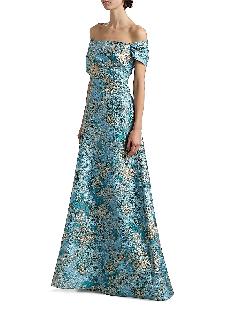 Metallic Jacquard Off-The-Shoulder Gown