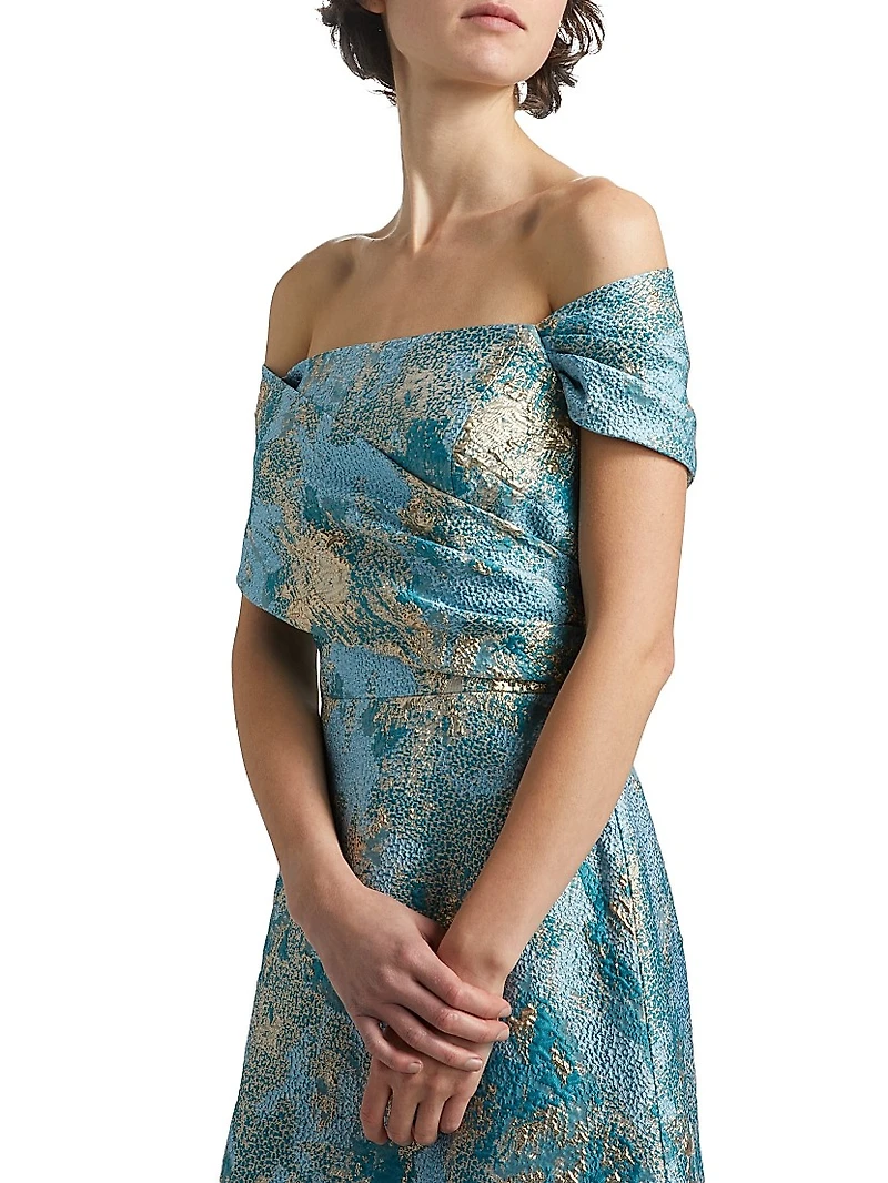 Metallic Jacquard Off-The-Shoulder Gown