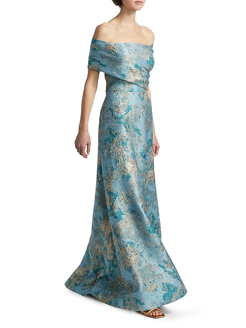 Metallic Jacquard Off-The-Shoulder Gown
