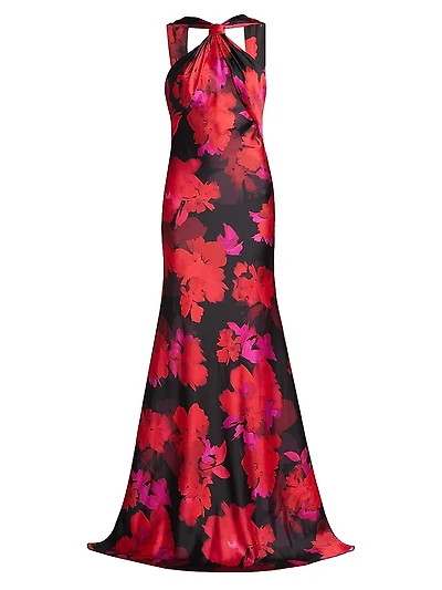 Mallory Floral Satin Halterneck Gown