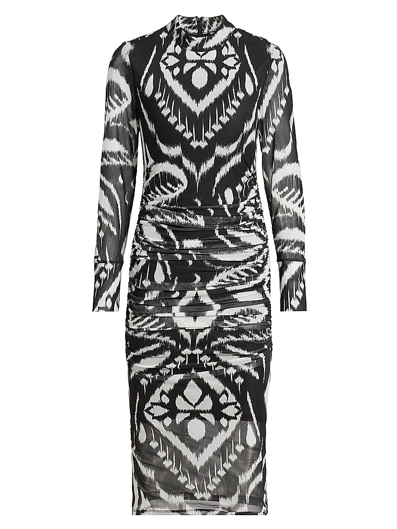 Ikat Ruched Tulle Midi-Dress