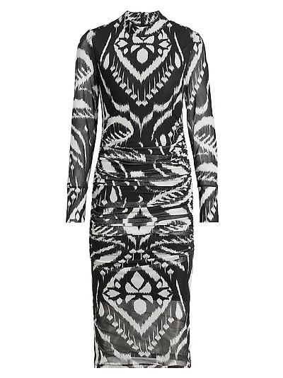 Ikat Ruched Tulle Midi-Dress