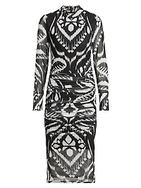 Ikat Ruched Tulle Midi-Dress