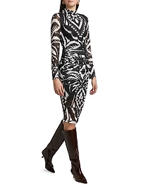 Ikat Ruched Tulle Midi-Dress