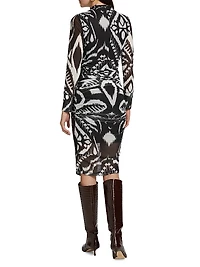 Ikat Ruched Tulle Midi-Dress