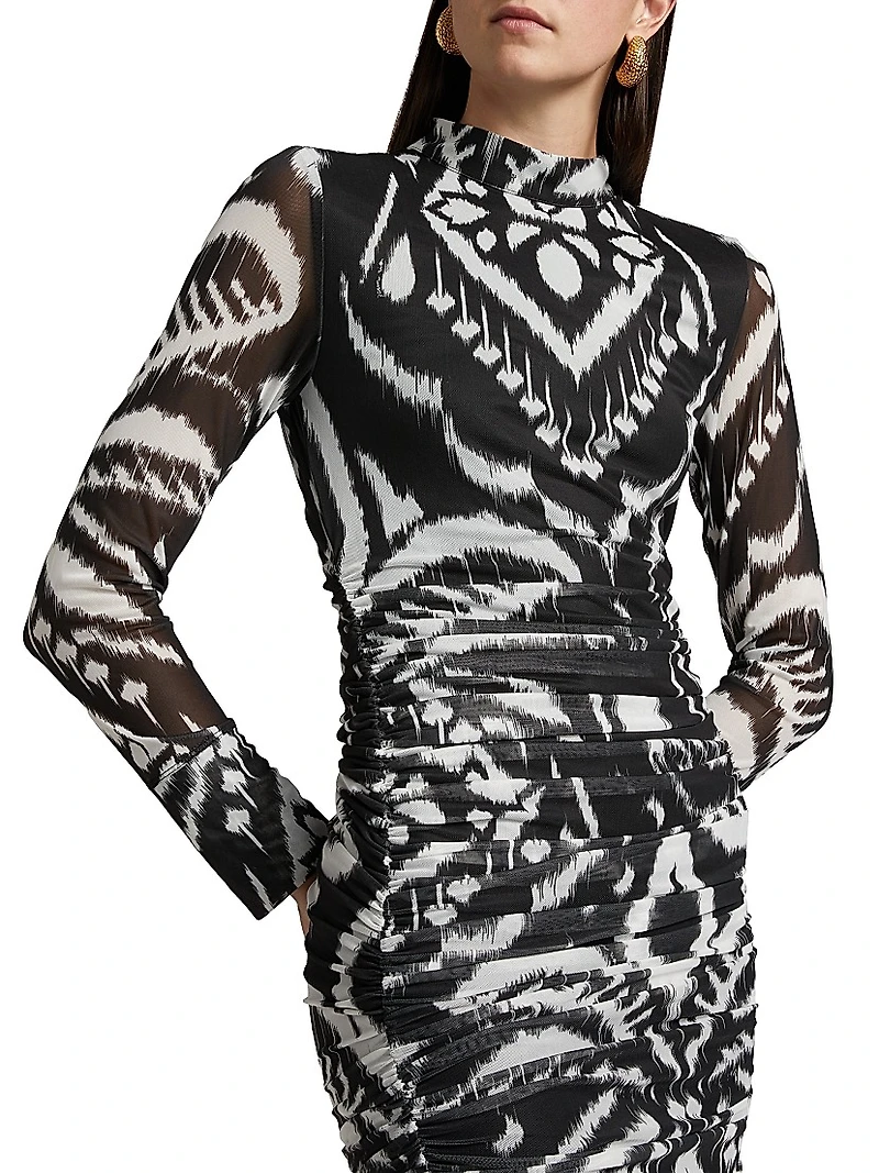 Ikat Ruched Tulle Midi-Dress