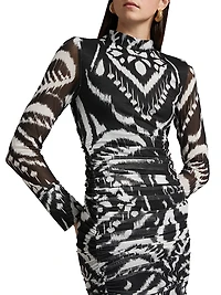Ikat Ruched Tulle Midi-Dress