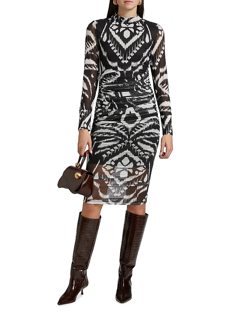 Ikat Ruched Tulle Midi-Dress
