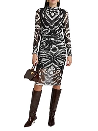 Ikat Ruched Tulle Midi-Dress