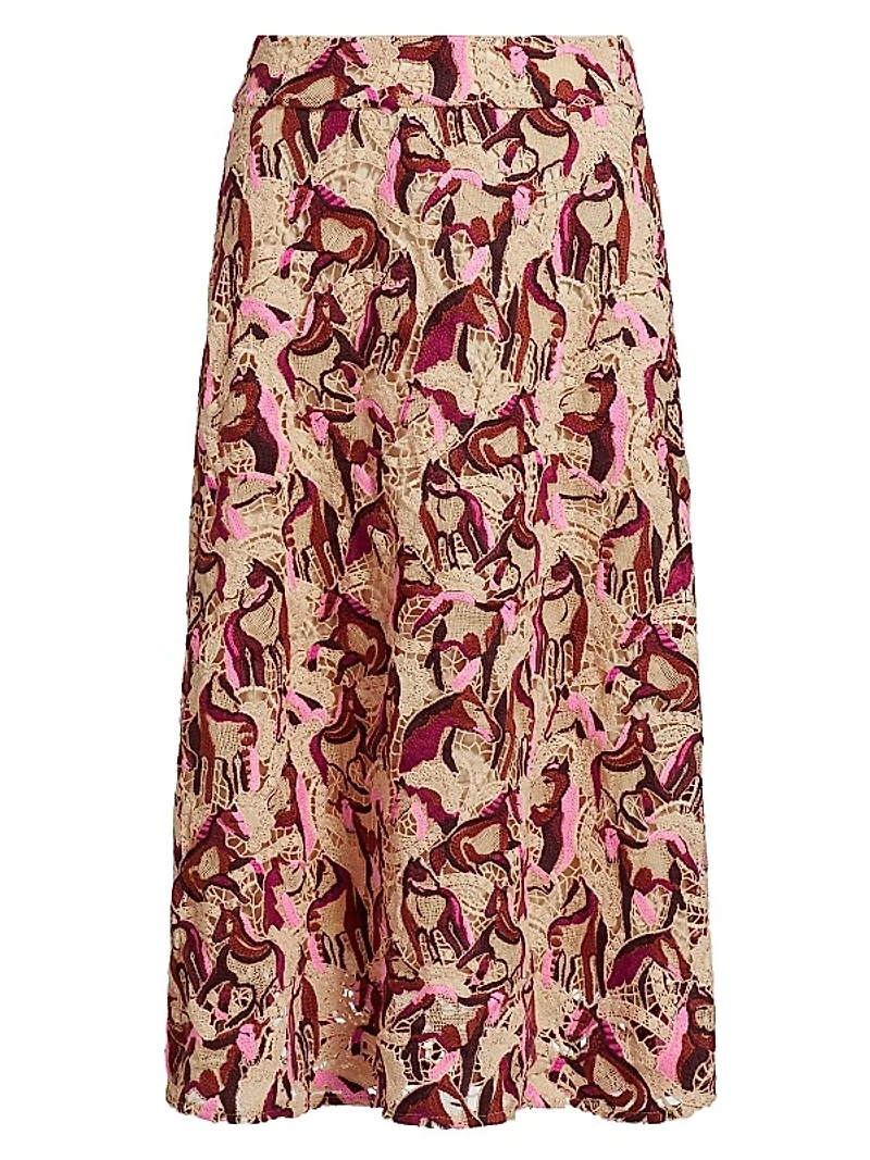 Embroidered Horses Guipure-Lace Midi-Skirt
