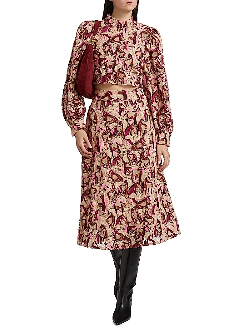 Embroidered Horses Guipure-Lace Midi-Skirt
